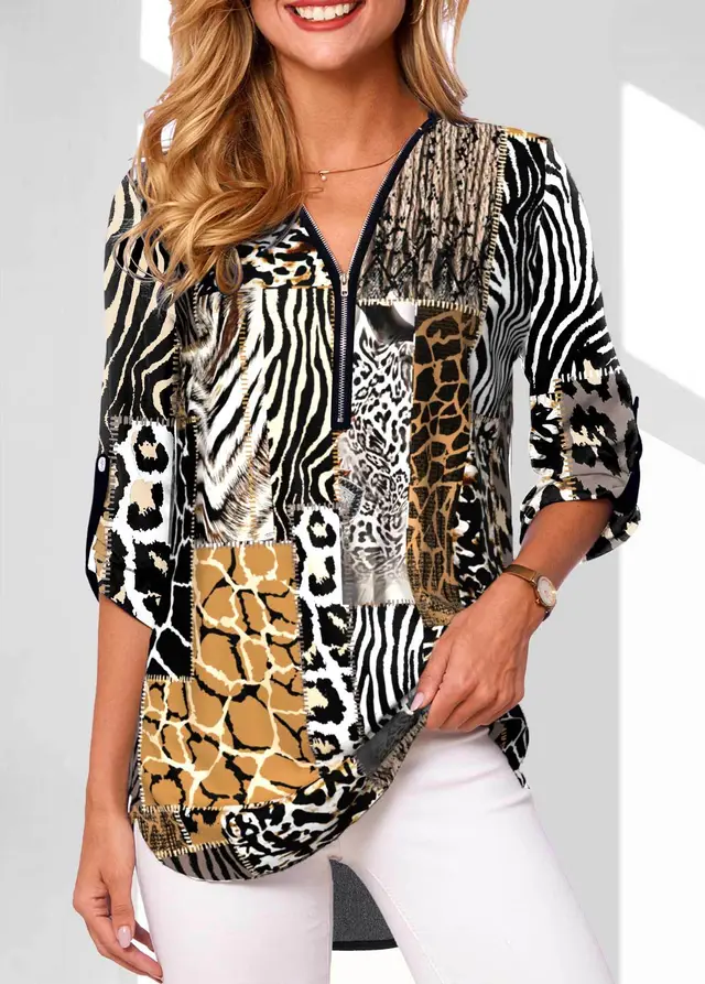 V neck Zipper Long Sleeve Rollable Sleeves Loose Shirt Element 5 - Shop at LoveMi