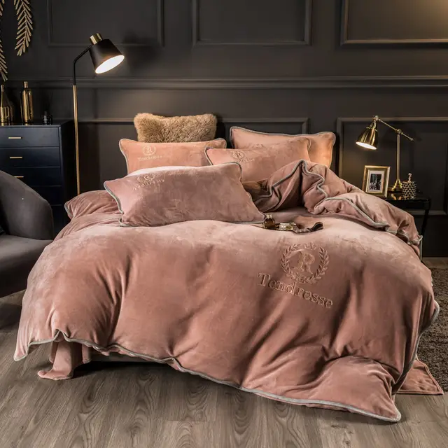Autumn And Winter Thick Fleece Pure Embroidery Four piece Quilt Cover Bed Sheet Champagne - Shop at LoveMi