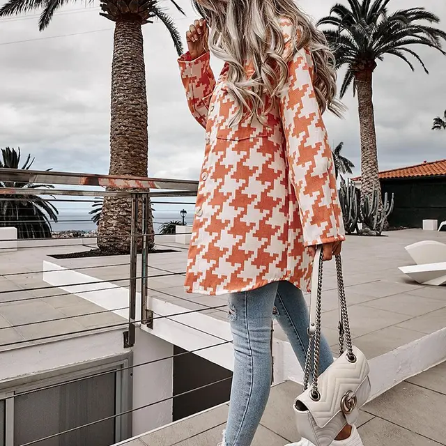 Loose fitting Long Sleeves Houndstooth Woolen Coat Orange - Shop at LoveMi