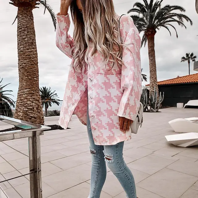 Loose fitting Long Sleeves Houndstooth Woolen Coat Pink - Shop at LoveMi