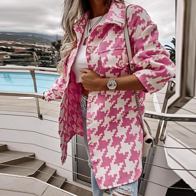 Loose fitting Long Sleeves Houndstooth Woolen Coat Rose Red - Shop at LoveMi