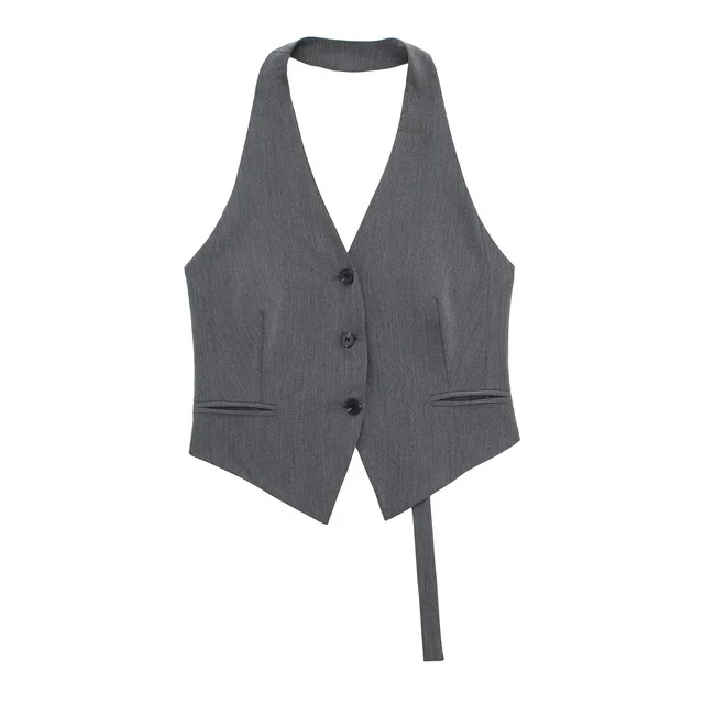 Women's Backless Hanging Collar Vest Jacket Grey - Shop at LoveMi