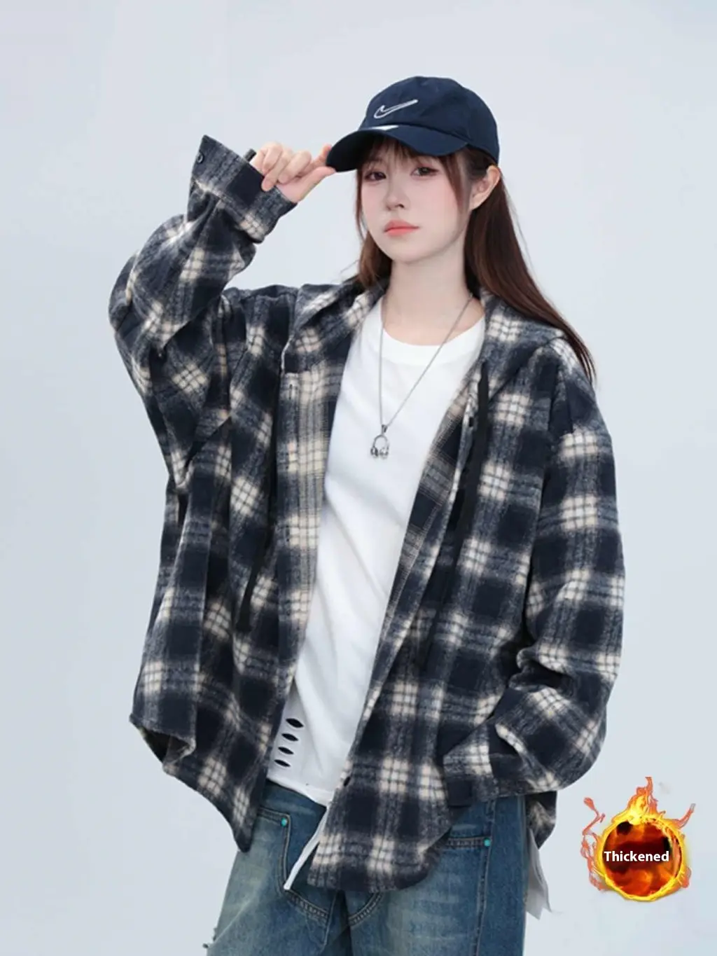Loose And Lazy Style Mid-length Hooded Shirt Coat - Blue And Black