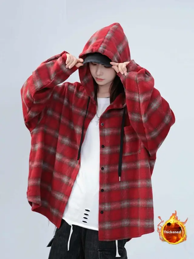 Loose And Lazy Style Mid length Hooded Shirt Coat Red - Shop at LoveMi