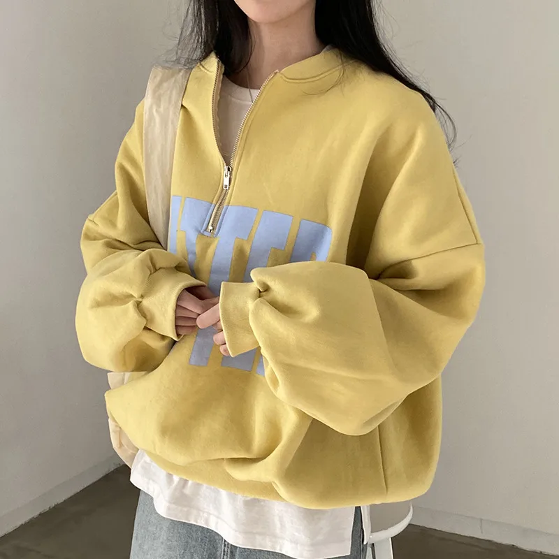 Contrast Color Letter Print Design Loose All-match Long-sleeved Sweater - Yellow