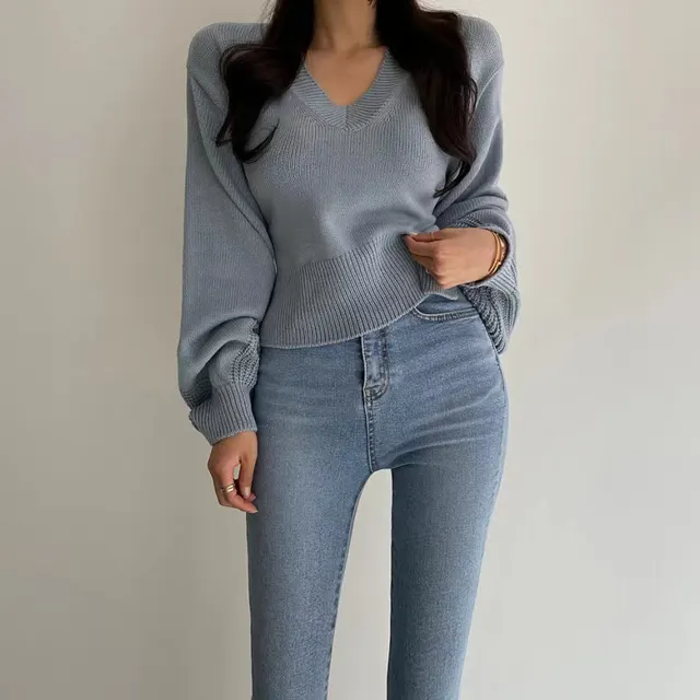 Short Slimming Versatile Knitted Top Cloudy Blue - Shop at LoveMi