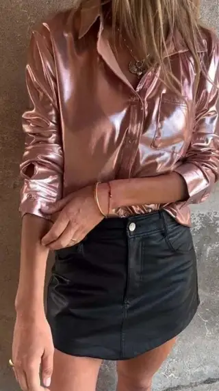 Women's Faux Leather Fashion Polo Collar Shirt - Rouge Color