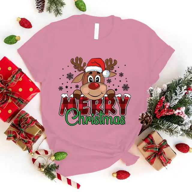 Cute Merry Christmas Printed T shirt Pink - Shop at LoveMi