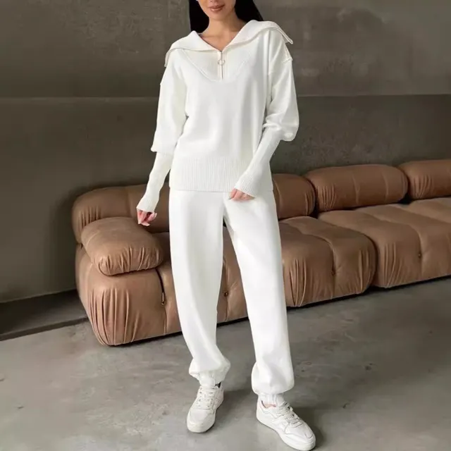 Long Sleeve Suit Zipper Lapel Top And Drawstring Trousers Fashion Casual Sports Clothing For Women White - Shop at LoveMi