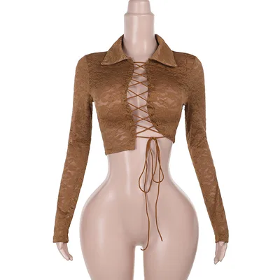 Women's Lace Lace up Cutout Long sleeved Top Brown - Shop at LoveMi