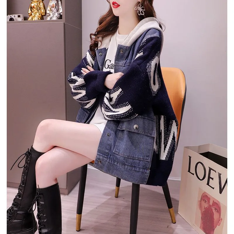 Denim Stitching Fashion Sweater Cardigan For Women - Dark Blue