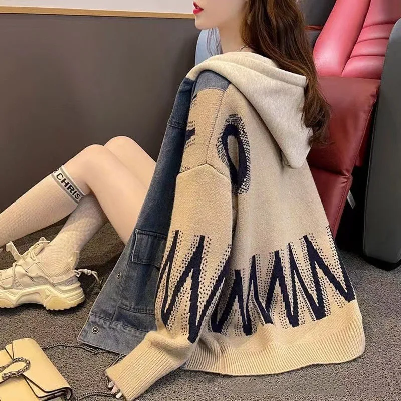 Denim Stitching Fashion Sweater Cardigan For Women Khaki - Shop at LoveMi