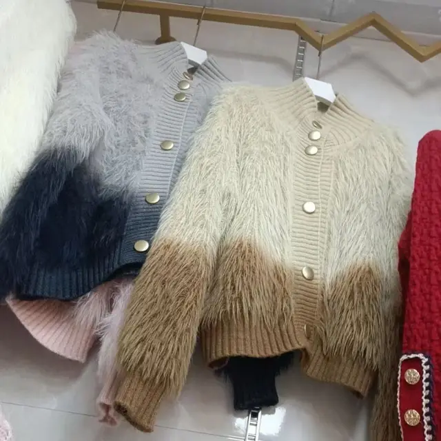 Contrast Color Tie dye Gradient Knitted Cardigan For Women Khaki - Shop at LoveMi