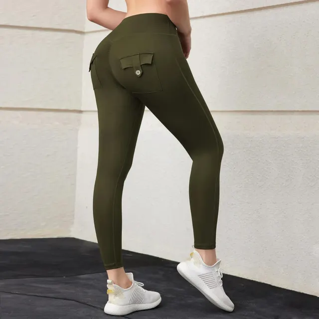 High Elastic Tooling Style Ankle length Pants With Buttons In The Back Pocket Army Green - Shop at LoveMi