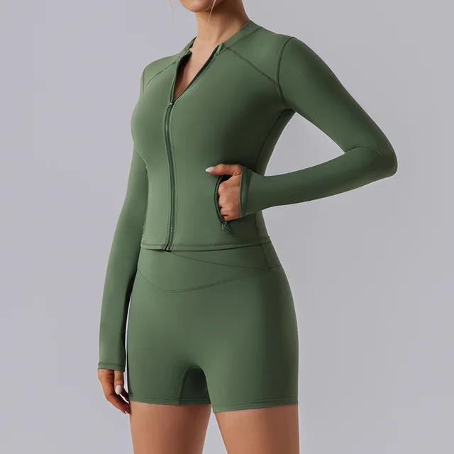 Autumn High Elastic Gym Sports Top Women Long Sleeve Slim fit Zipper Cardigan Skinny Running Yoga Clothes Coat Green - Shop at LoveMi