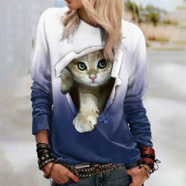 Gradient Cat Print Mid calf Shirt Casual Sweatshirt Pullover Long sleeved Shirt Blue - Shop at LoveMi