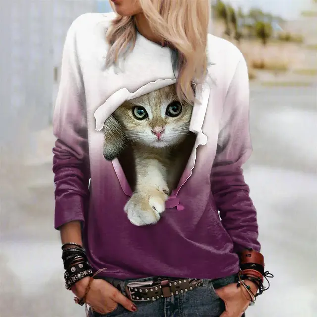 Gradient Cat Print Mid calf Shirt Casual Sweatshirt Pullover Long sleeved Shirt Pink - Shop at LoveMi