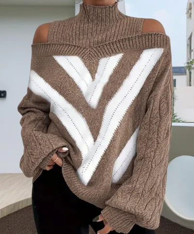 Autumn And Winter Geometric Color Matching Casual Loose fitting Women's Sweater Camel - Shop at LoveMi