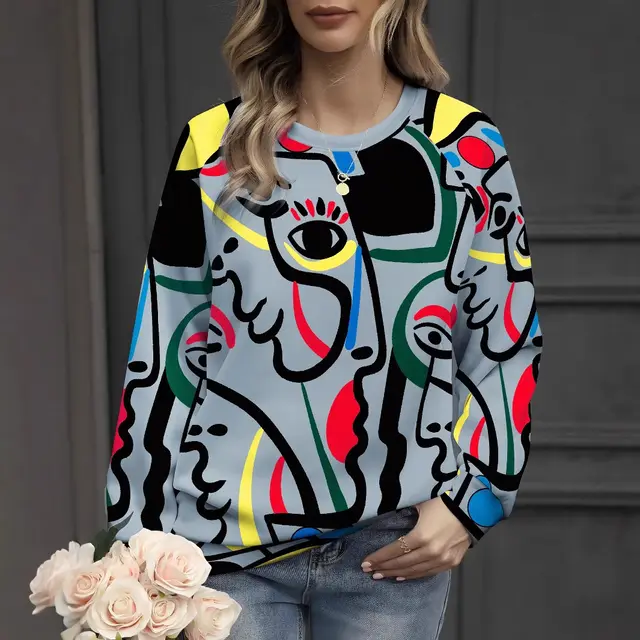 Abstract Color Block Stitching Portrait Graphic Printed Crew Neck Sweatshirt Female 5163 Style - Shop at LoveMi