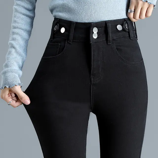 High Waist Stretch Jeans Tight And Warm Skinny Pants Women Black Trousers - Shop at LoveMi