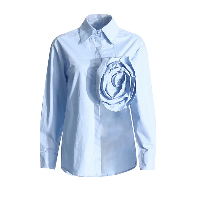 Lapels Stitching Three dimensional Flower Irregular Hollow out Split Shirt Top Blue - Shop at LoveMi