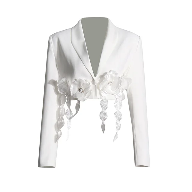 High Grade Three dimensional Flower Stitching Fashionable Jacket White - Shop at LoveMi