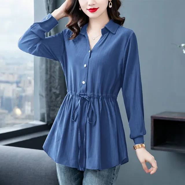 Middle aged And Elderly Women's Chiffon Shirt Dark Blue Long Sleeve - Shop at LoveMi