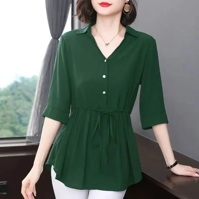 Middle aged And Elderly Women's Chiffon Shirt Dark Green Half Sleeve - Shop at LoveMi