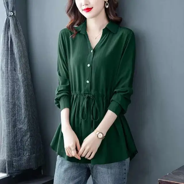 Middle aged And Elderly Women's Chiffon Shirt Dark Green Long Sleeve - Shop at LoveMi