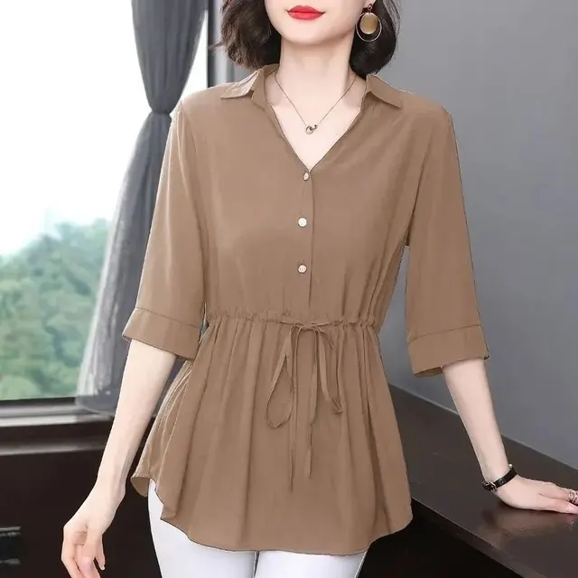 Middle aged And Elderly Women's Chiffon Shirt Khaki Half Sleeve - Shop at LoveMi