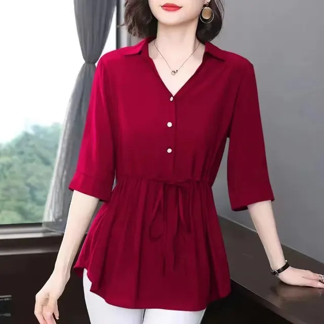 Middle aged And Elderly Women's Chiffon Shirt Wine Red Half Sleeve - Shop at LoveMi
