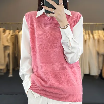 Women's Round Neck Knitted Pullover Cashmere Sweater Waistcoat Loose Wool Vest Slimming Vest Leather Pink - Shop at LoveMi