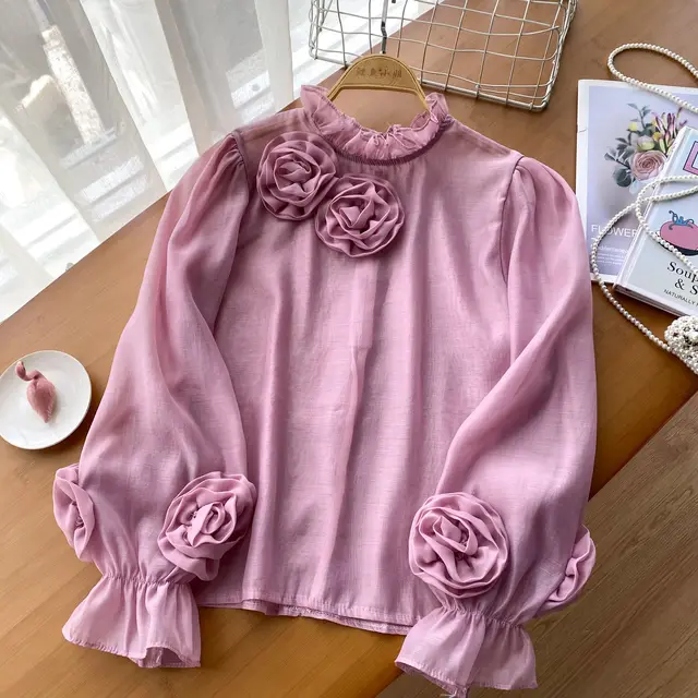 European And American Simple Lantern Sleeve Shirt Women Pink - Shop at LoveMi