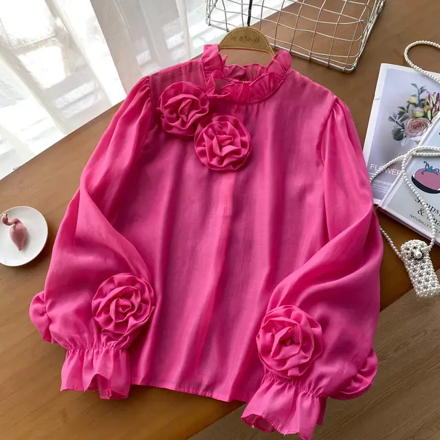 European And American Simple Lantern Sleeve Shirt Women Rose Red - Shop at LoveMi