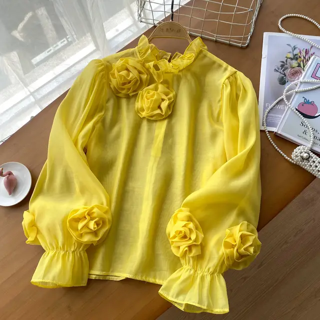 European And American Simple Lantern Sleeve Shirt Women Yellow - Shop at LoveMi