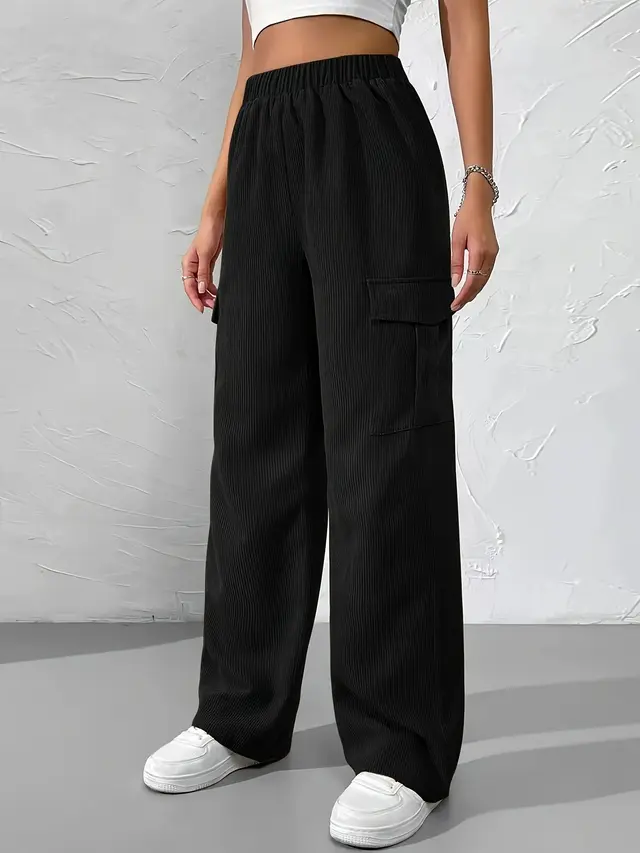 Women's Loose Elastic Waist Overalls Corduroy Wide Leg Straight Casual Trousers Black - Shop at LoveMi