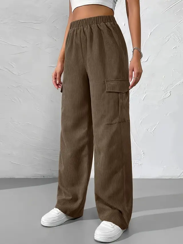 Women's Loose Elastic Waist Overalls Corduroy Wide Leg Straight Casual Trousers Brown - Shop at LoveMi