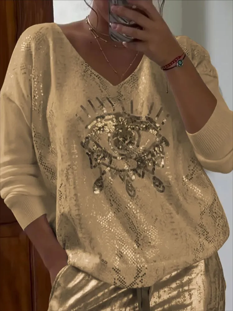Women's Loose Casual Hot Stamping Printed Top Khaki - Shop at LoveMi