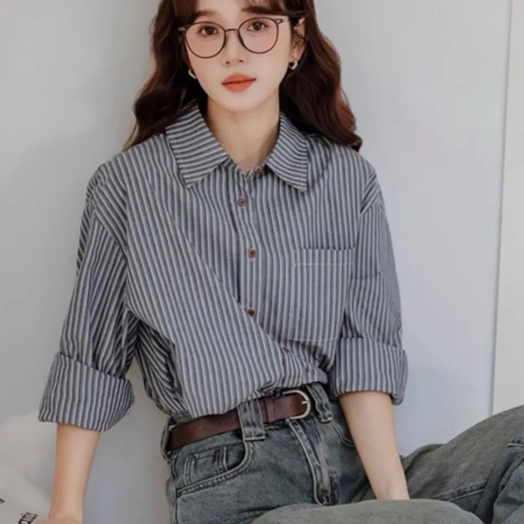 Striped French Long-sleeved Shirt Women's Design Is Niche - Deep Grayish Blue