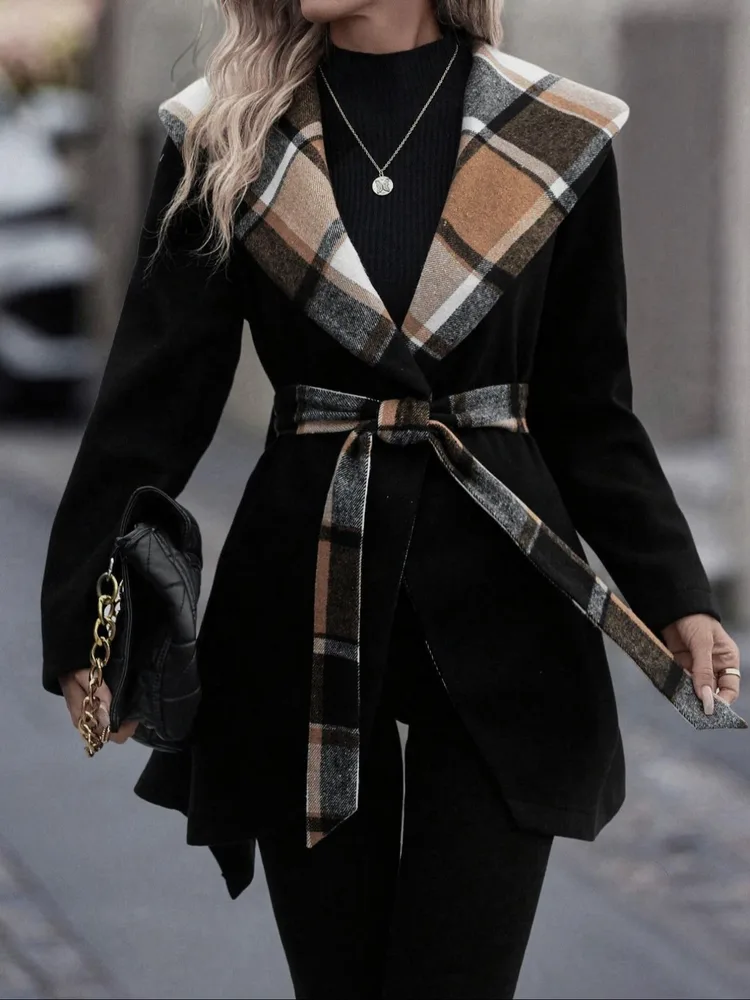 Lace up Plaid Color Matching Wool Mid length Trench Coat For Women Black - Shop at LoveMi