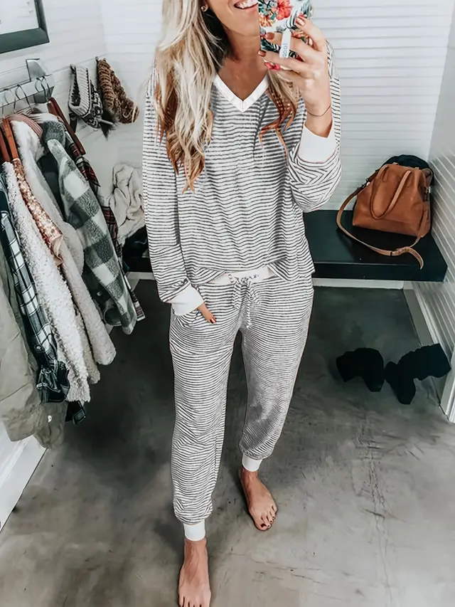 Striped Color Contrast Patchwork V neck Long Sleeve Trousers Suit Light Gray - Shop at LoveMi