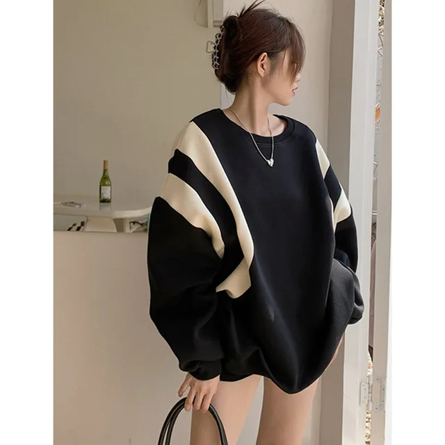 Stitching Contrast Color Design Ins Korean Style Sweater For Women Black Plus Velvet Style - Shop at LoveMi