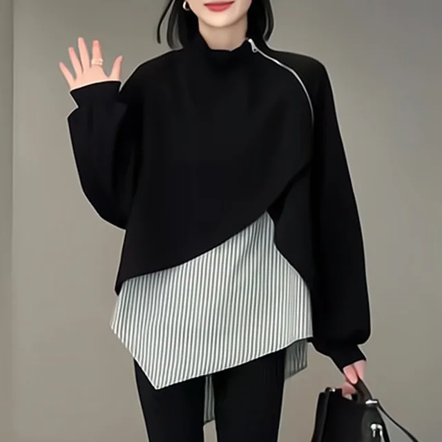 Autumn Fashion Personality Stitching Fake Two pieces Coats Women Black Thin - Shop at LoveMi