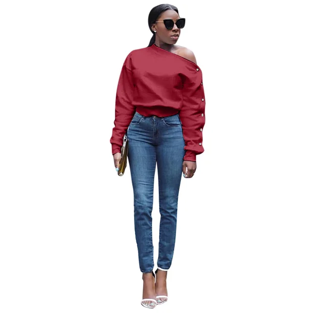 Sexy Off shoulder Off shoulder Personalized Buckle Sleeve Sweater Wine Red - Shop at LoveMi