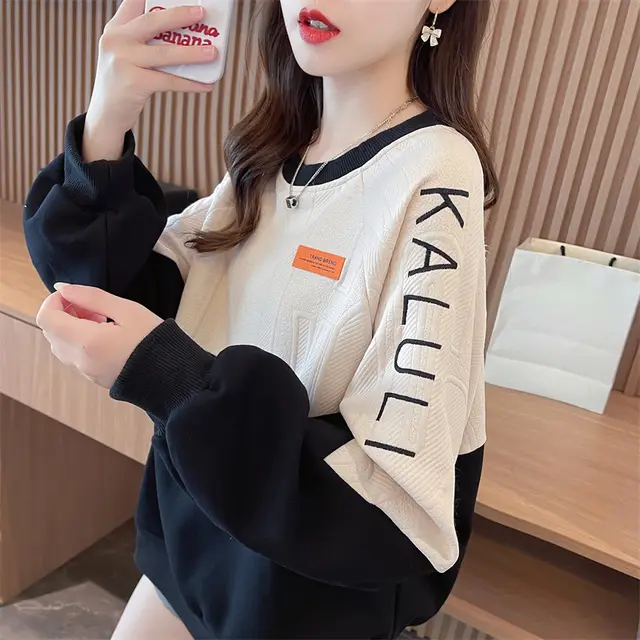 American Retro Contrast Color Sweatshirt Women Black Thin 9720 - Shop at LoveMi