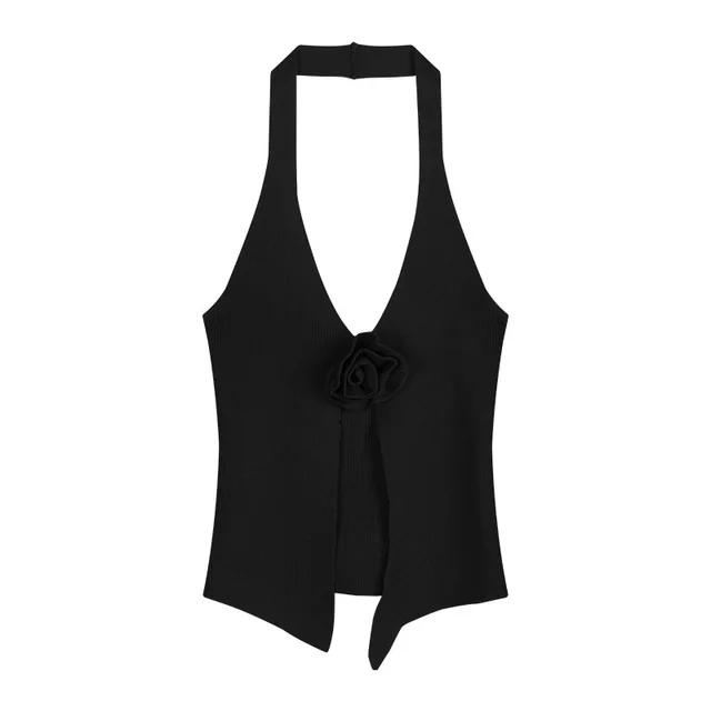 Three dimensional Flower Knitted Halter Spaghetti Straps Vest Black - Shop at LoveMi