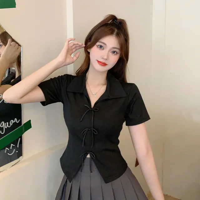 Design Chic Polo Collar Short Sleeve T shirt Black - Shop at LoveMi