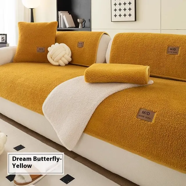 Lambswool Sofa Cushion Solid Color Non slip Sofa Seat Cover Yellow - Shop at LoveMi