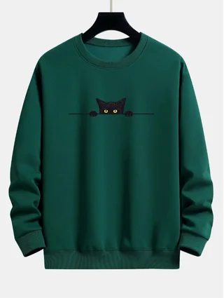 Creative Cat Print Cute Cat Round Neck Sweater - Dark Green Imitation Cotton