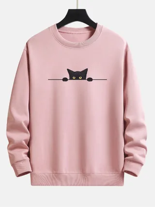 Creative Cat Print Cute Cat Round Neck Sweater - Pink Pure Cotton A11